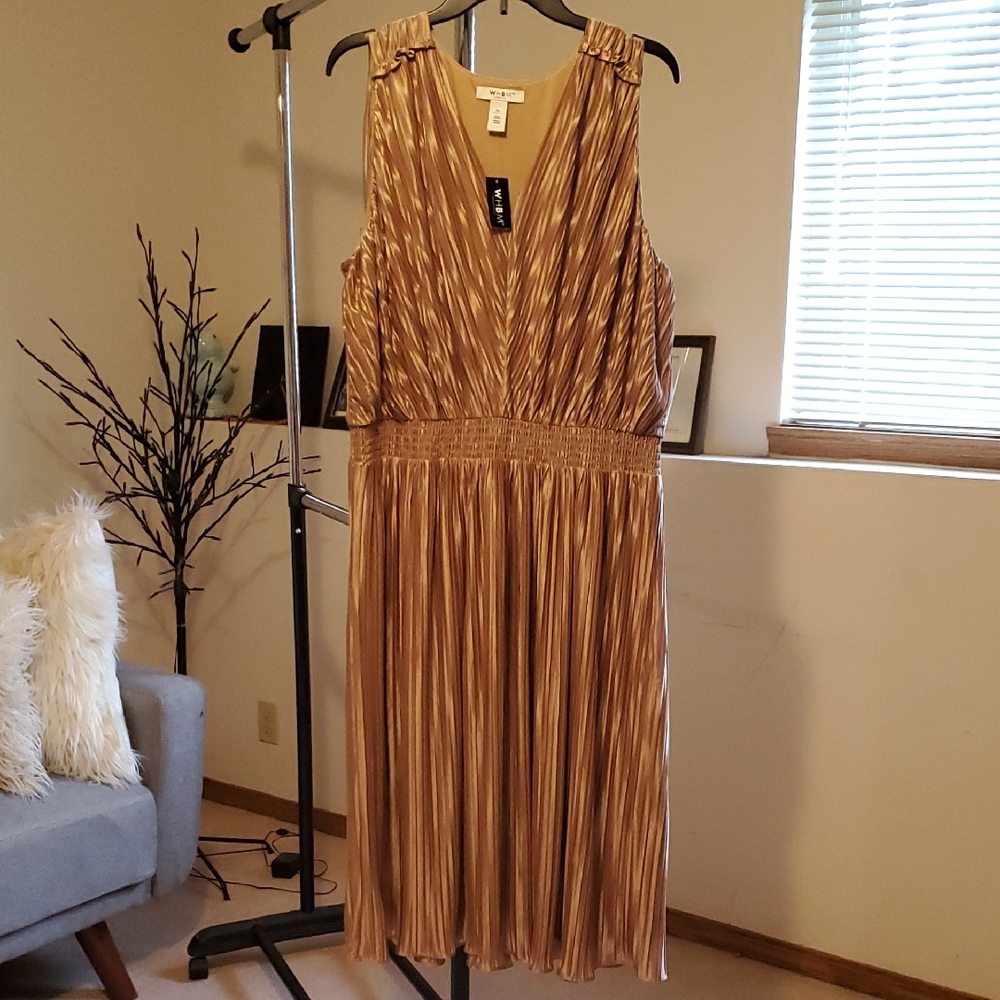 White House Black Market Gold Ruched Midi Dress V-neck Cocktail